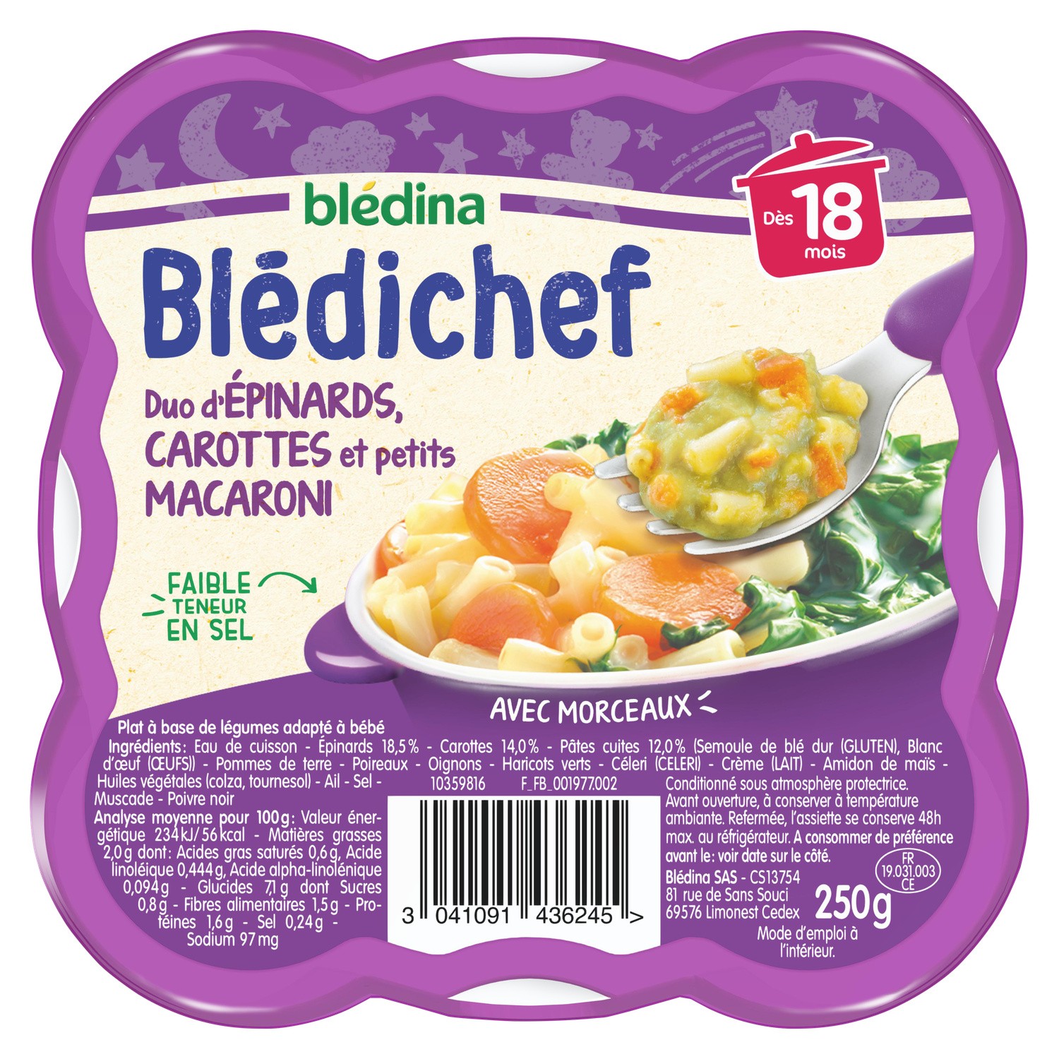 Blédichef Duo d'épinards, carottes et petits macaroni